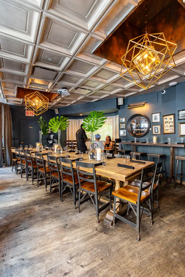 The private dining room at The Blue Dog, one long table under gold pendant lights