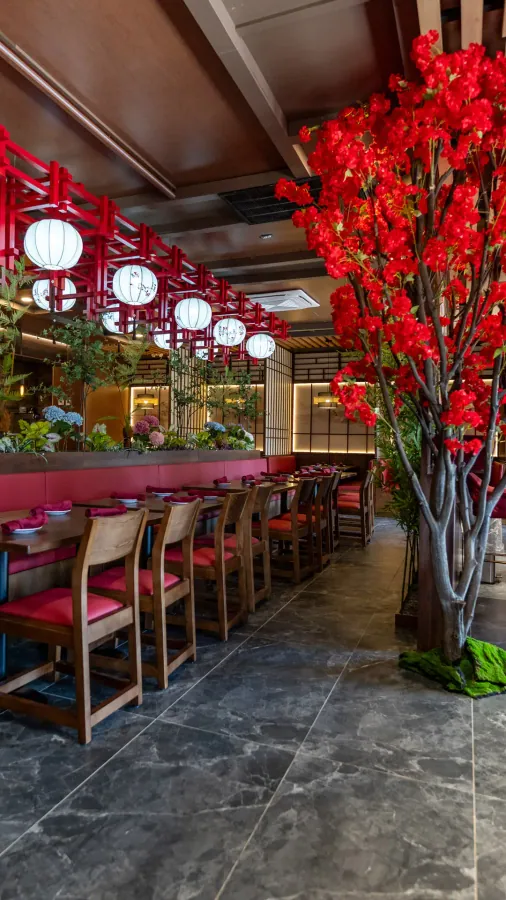 Dining room with red blossom trees and hanging lanterns