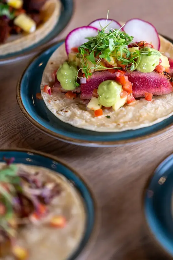 A seared tuna taco with avocado, radish and microgreens on a blue-rimmed plate