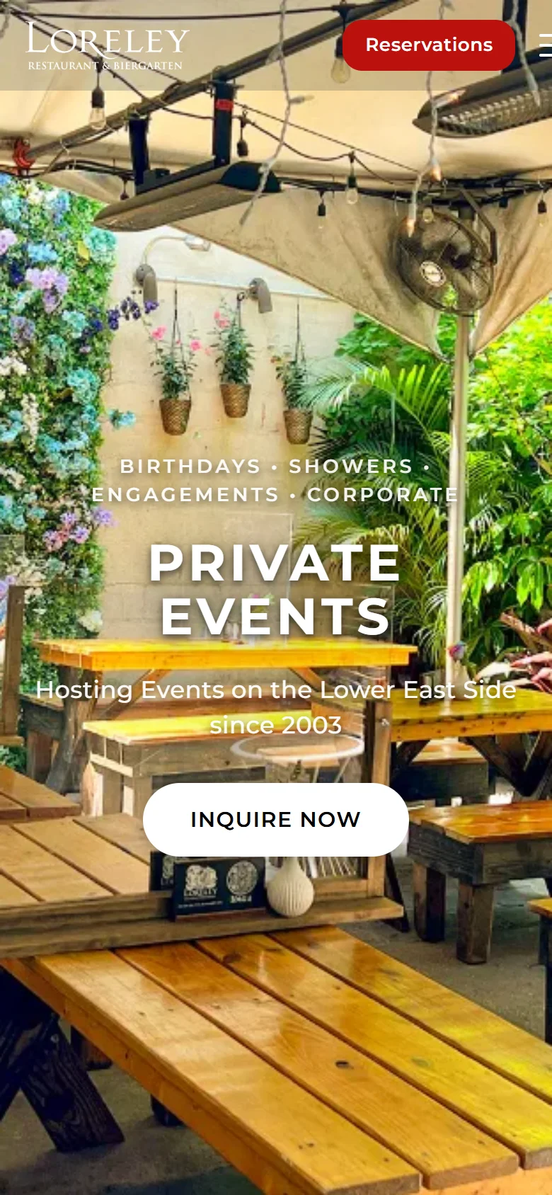 loreleynyc.com's private events page on a phone, with Reservations and Inquire Now buttons