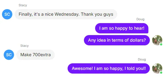 Messages: finally a nice Wednesday, $700 extra in sales