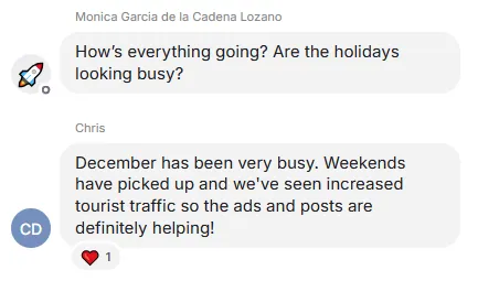 Message: December has been very busy, weekends picked up and tourist traffic increased