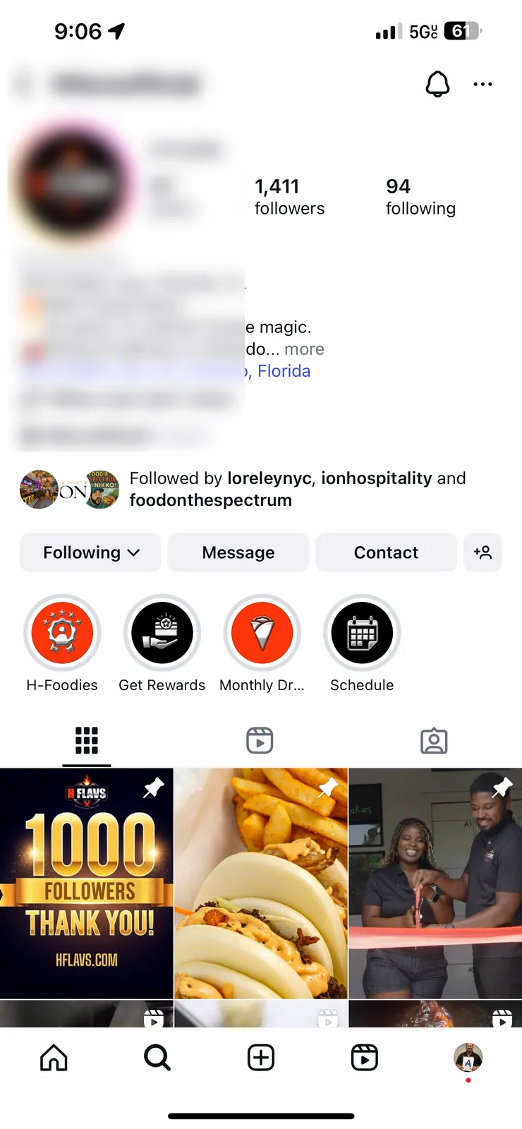 An Instagram profile at 1,411 followers with a 1,000-followers thank-you post