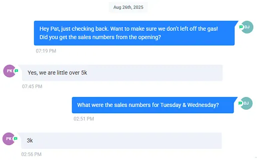 Text messages confirming a little over $5k on opening night