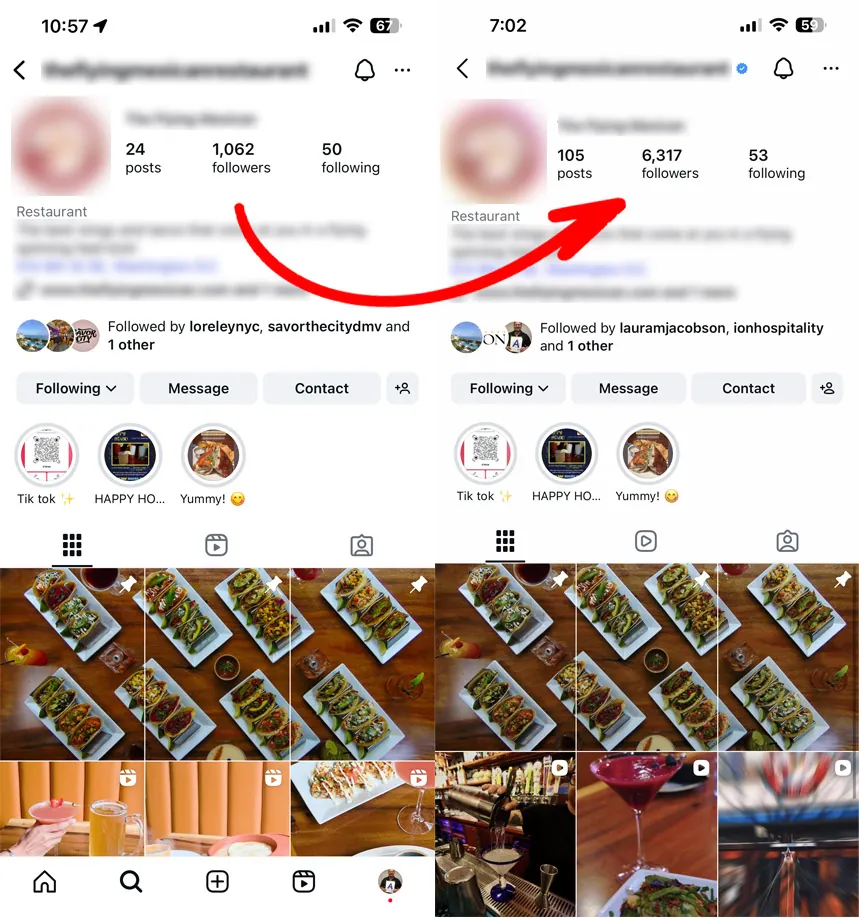 Before and after Instagram profiles: 1,062 followers growing to 6,317