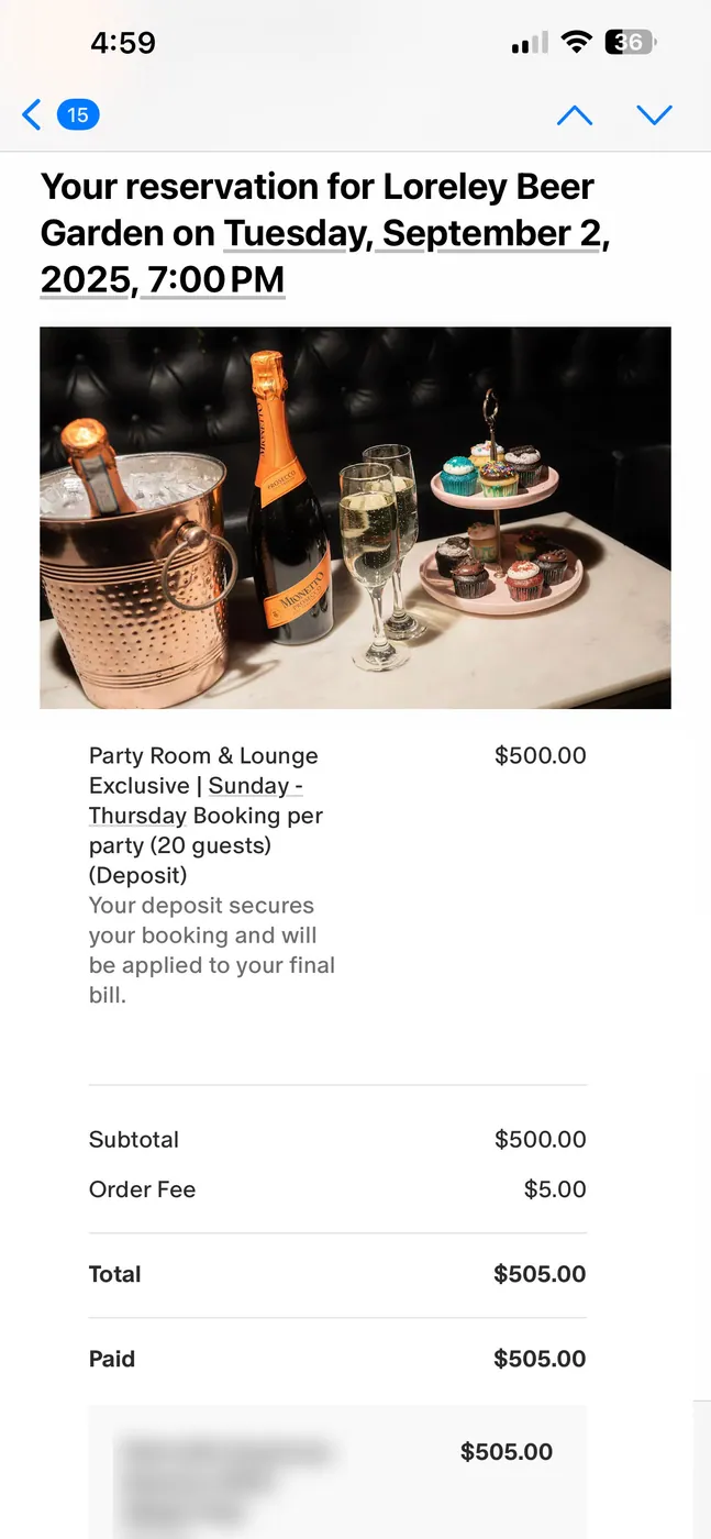 A paid $500 party-room deposit confirmation