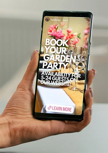 A phone showing a Book Your Garden Party story ad