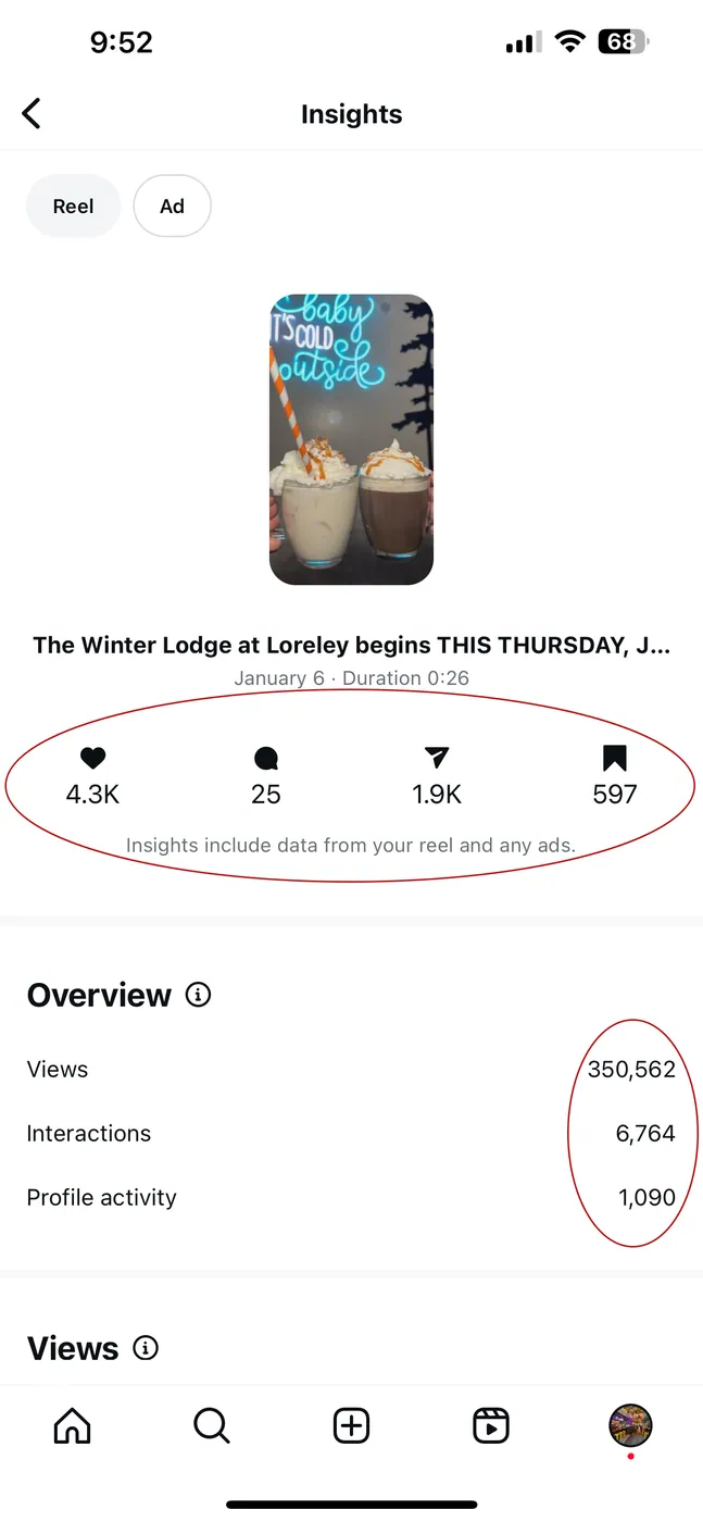 Reel insights showing 350,562 views and 597 saves