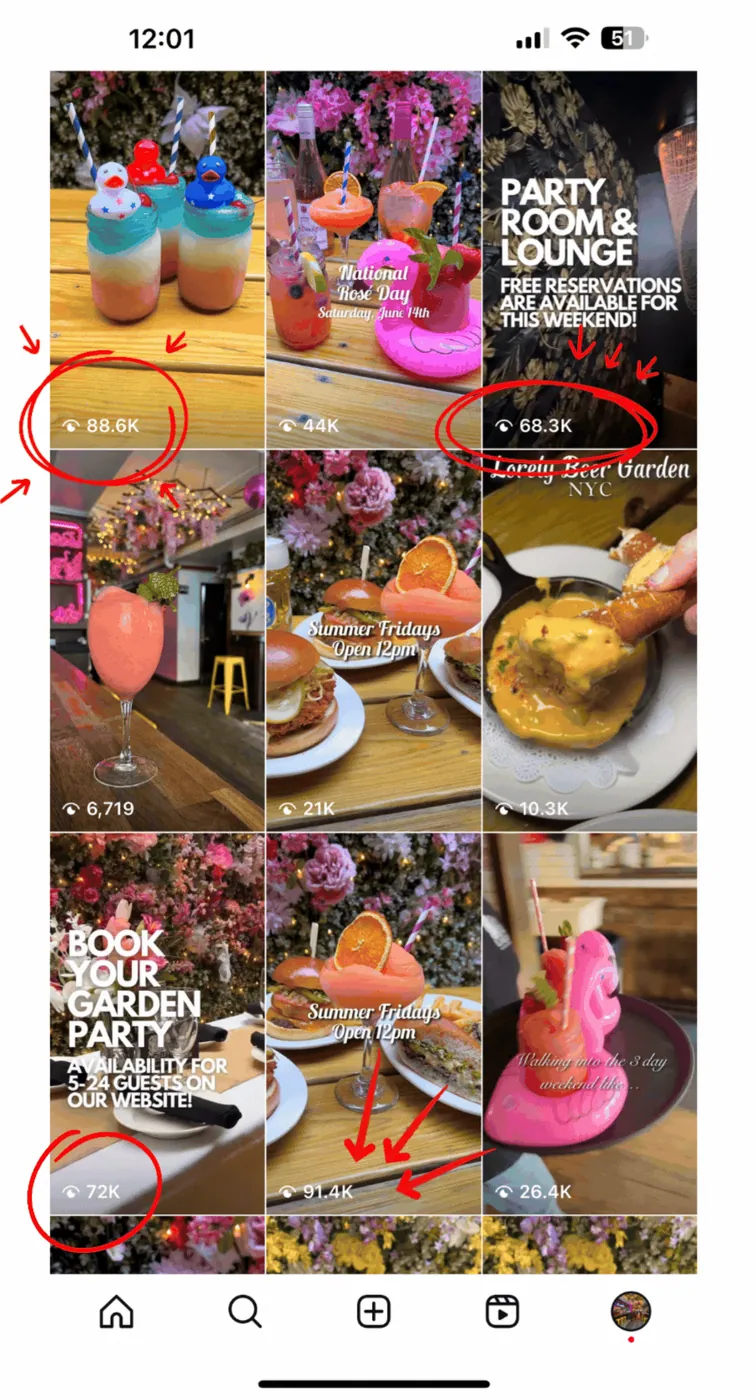 Instagram grid of reels with tens of thousands of views each