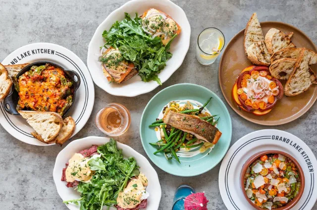 Plates of chef-driven brunch dishes from above