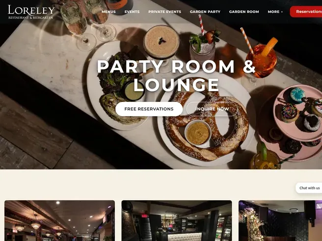 The Party Room and Lounge page on Loreley Beer Garden's website: the room's name over a table of food and drinks, with Free Reservations and Inquire Now buttons