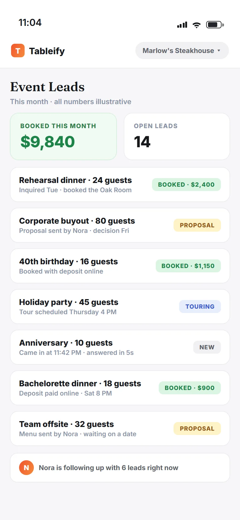 Event leads in Tableify on a phone