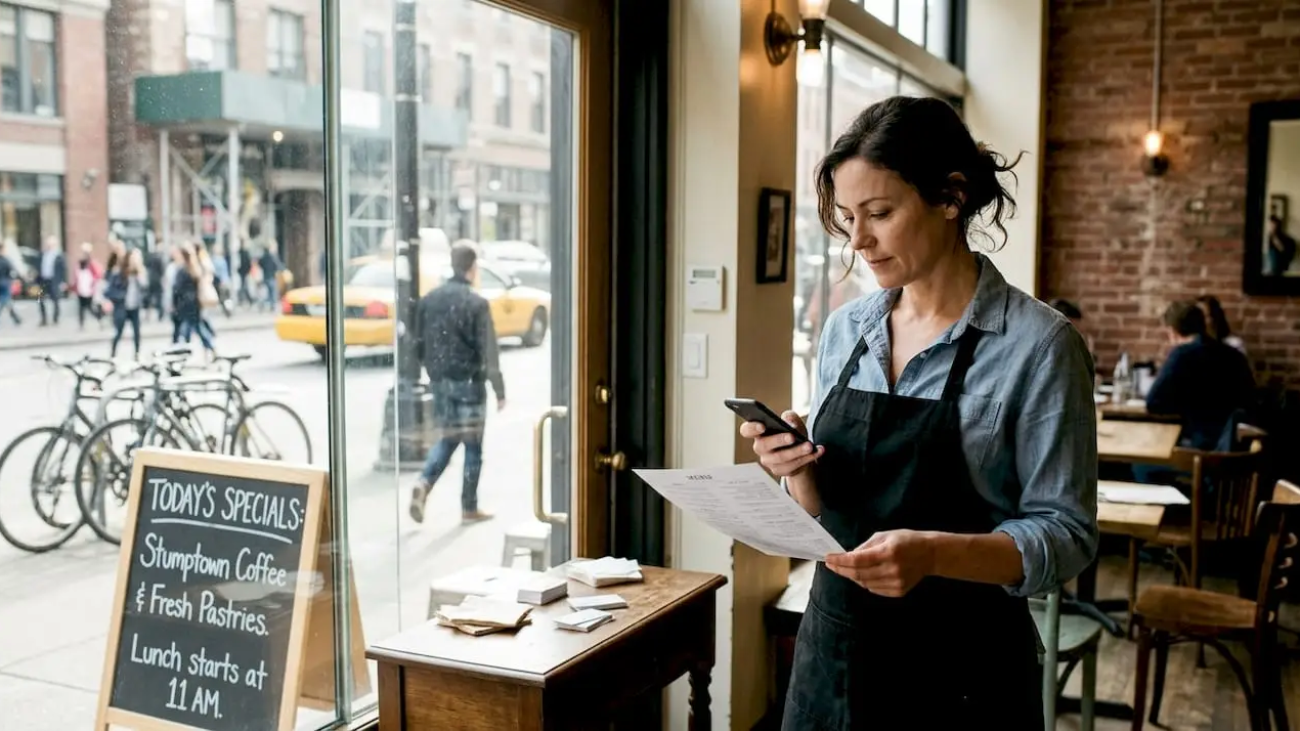 Restaurant owner posts social update at front window