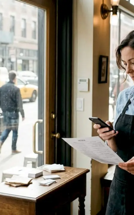 Restaurant owner posts social update at front window