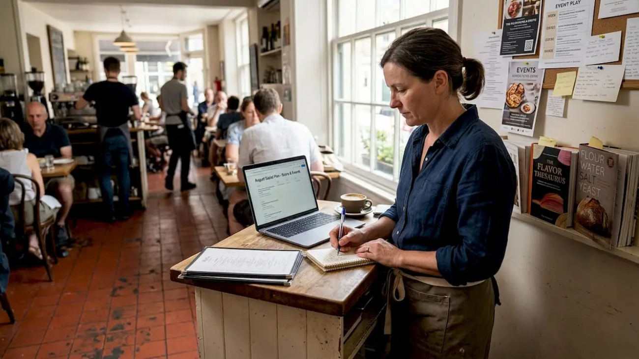 Restaurant owner planning content at counter