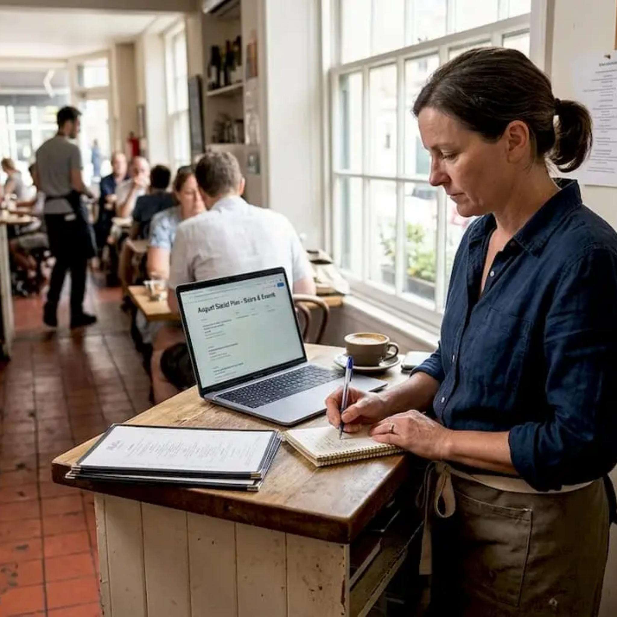 Restaurant owner planning content at counter