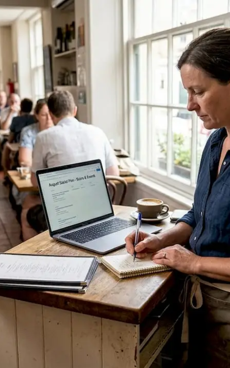 Restaurant owner planning content at counter