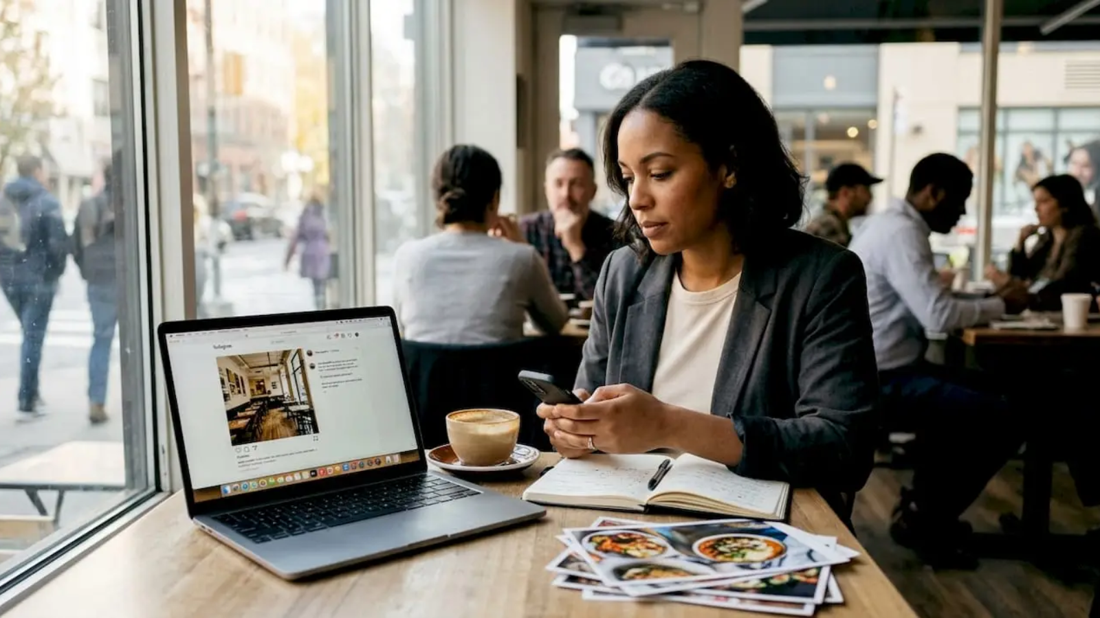 Restaurant owner planning social campaign in café