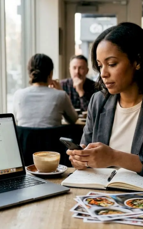 Restaurant owner planning social campaign in café