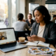 Restaurant owner planning social campaign in café