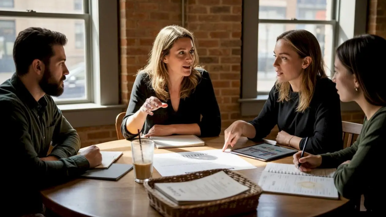 Team meeting in city café for restaurant marketing