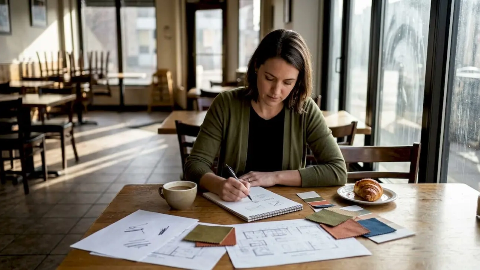 Restaurant owner sketching branding plans at table