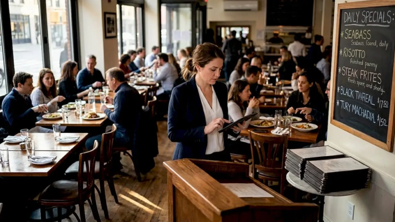 Restaurant manager moving through lively dining room