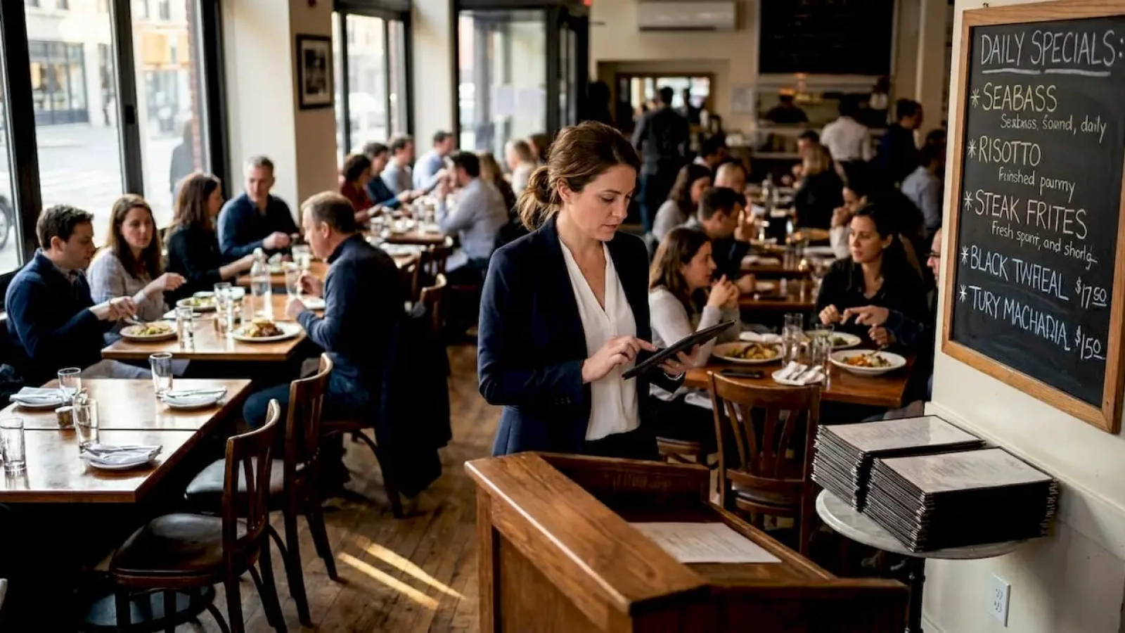 Restaurant manager moving through lively dining room