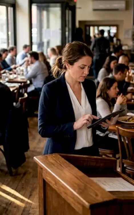 Restaurant manager moving through lively dining room