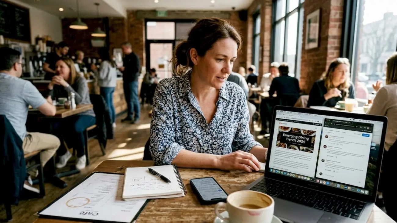 Restaurant manager researching trends in busy café