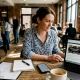 Restaurant manager researching trends in busy café