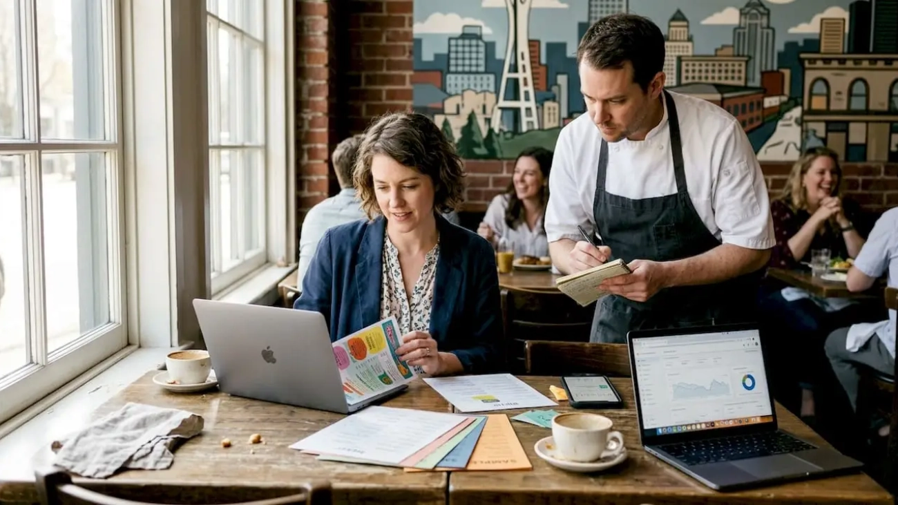 Restaurant owner planning marketing strategy with chef