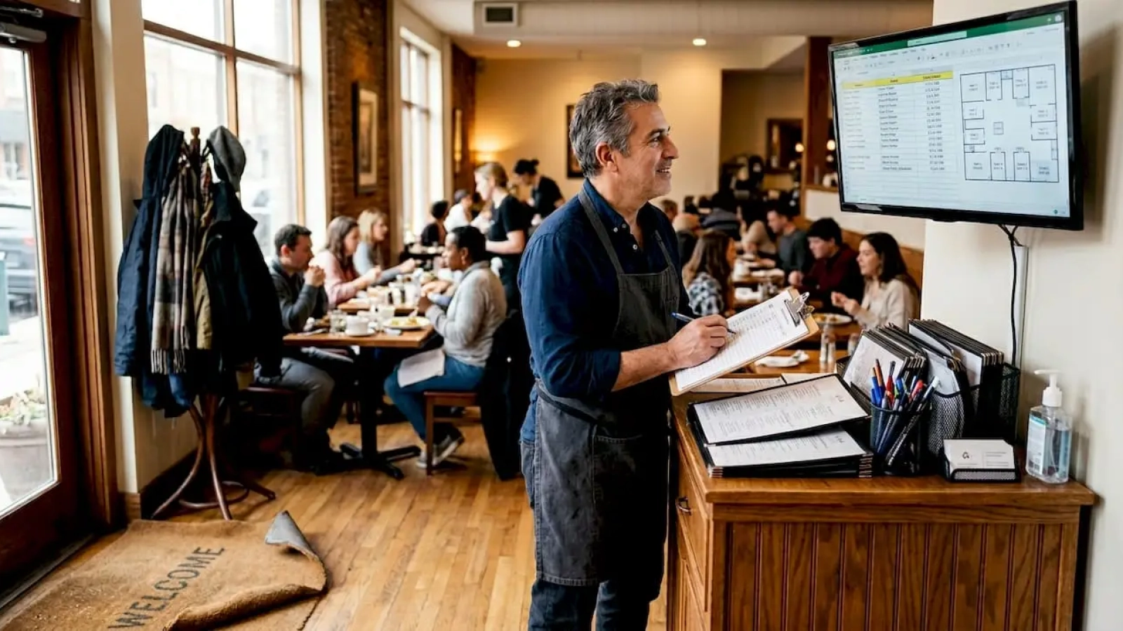 Restaurant owner checking reservations at host podium