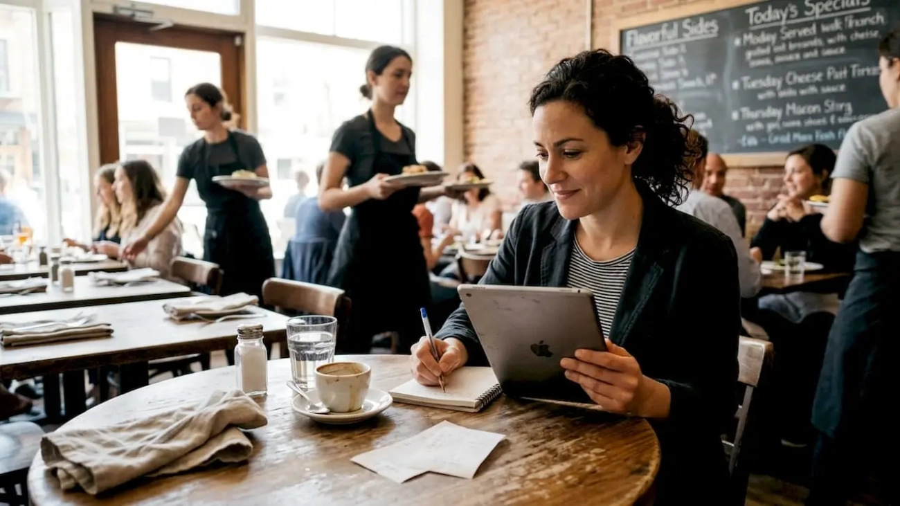 Restaurant owner manages digital marketing at table