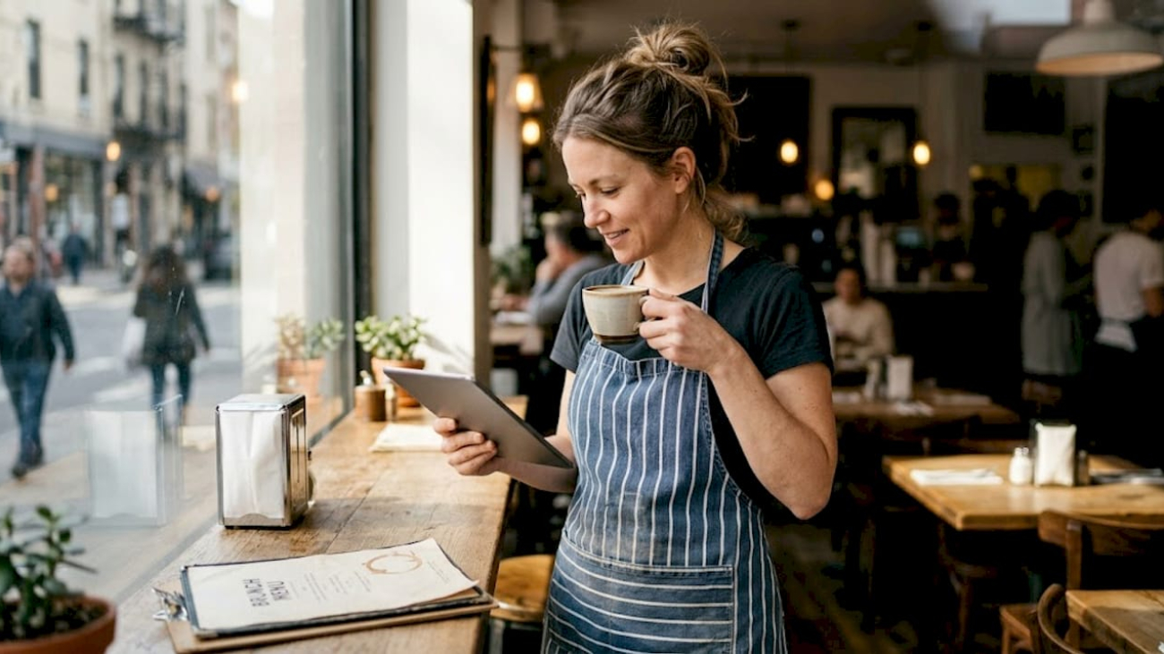 Restaurant owner checking website by window