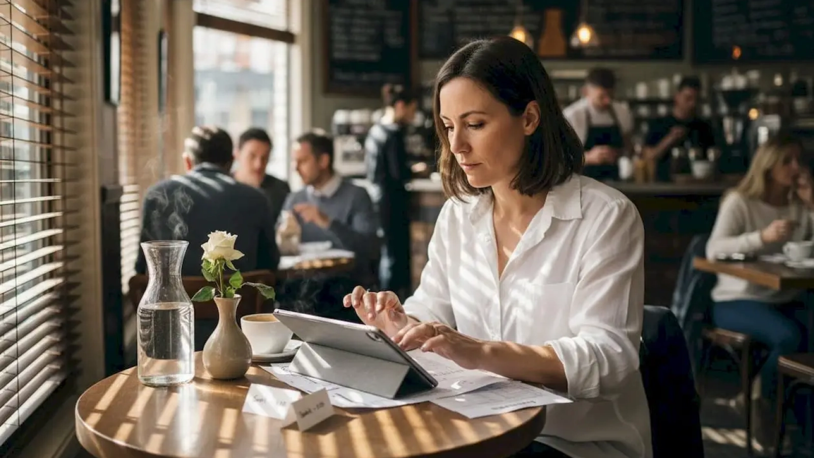 Restaurant manager reviews bookings at table