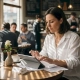Restaurant manager reviews bookings at table