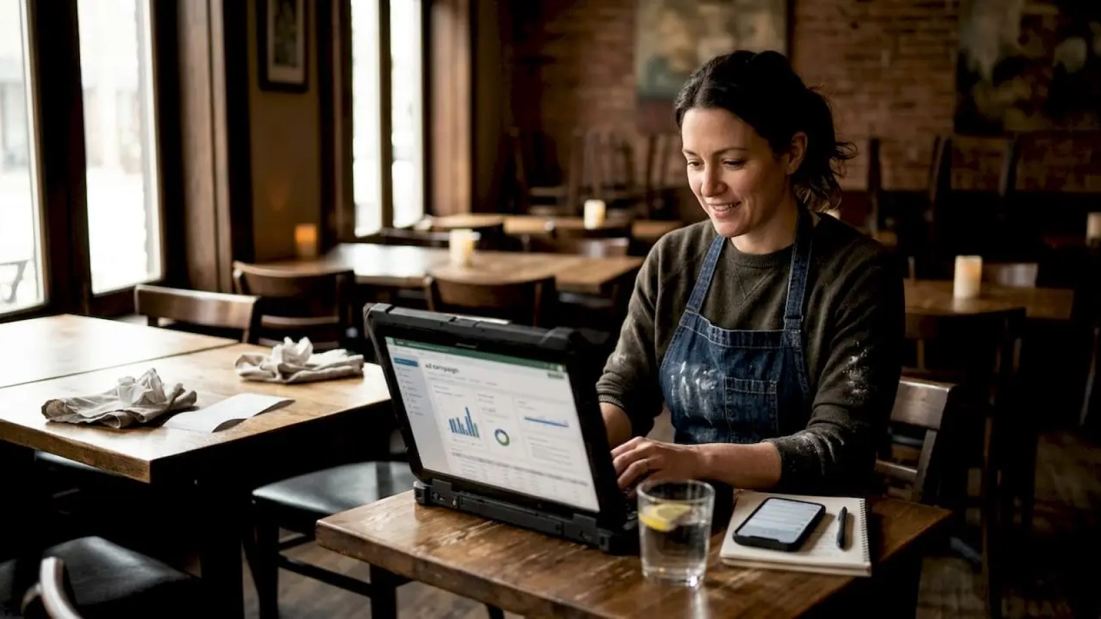 Restaurant owner checking social ads on laptop