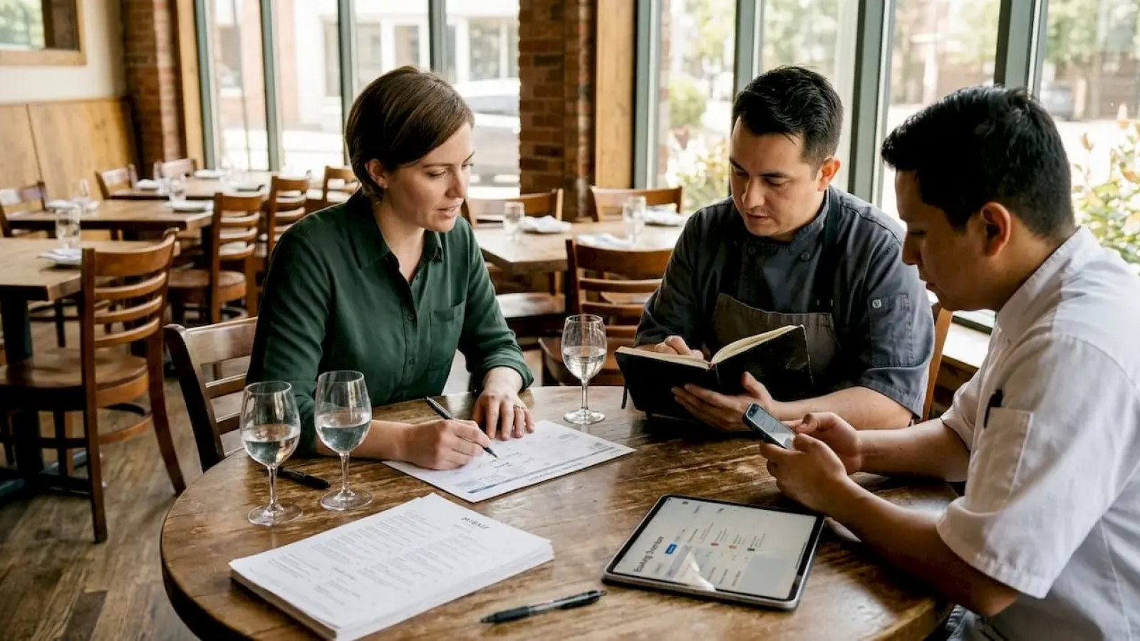 Restaurant team discussing event planning at table