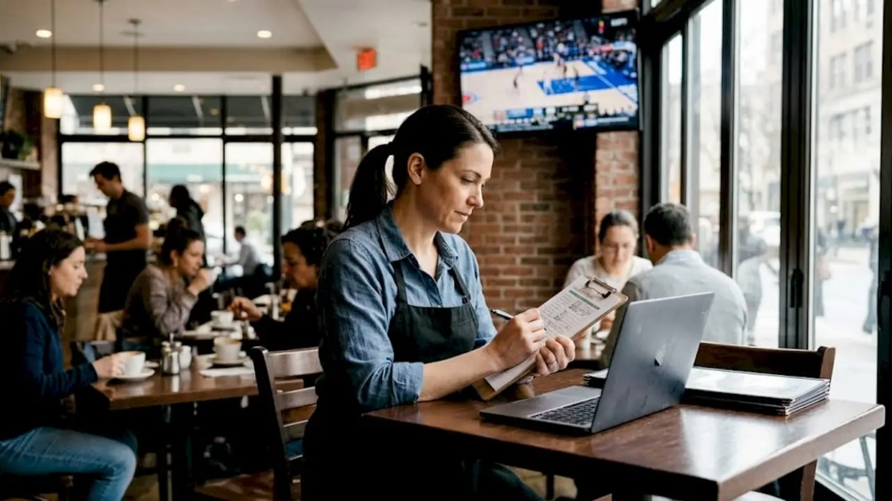 Restaurant manager planning while streaming TV plays