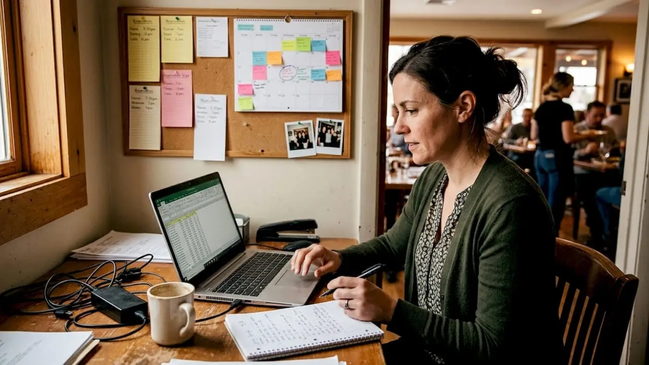 Restaurant manager checks marketing performance report