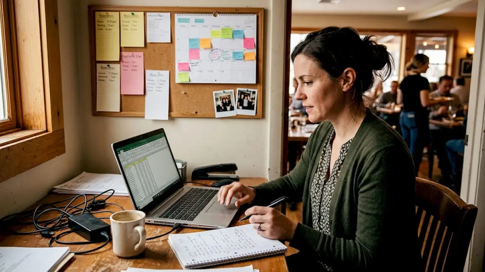 Restaurant manager checks marketing performance report