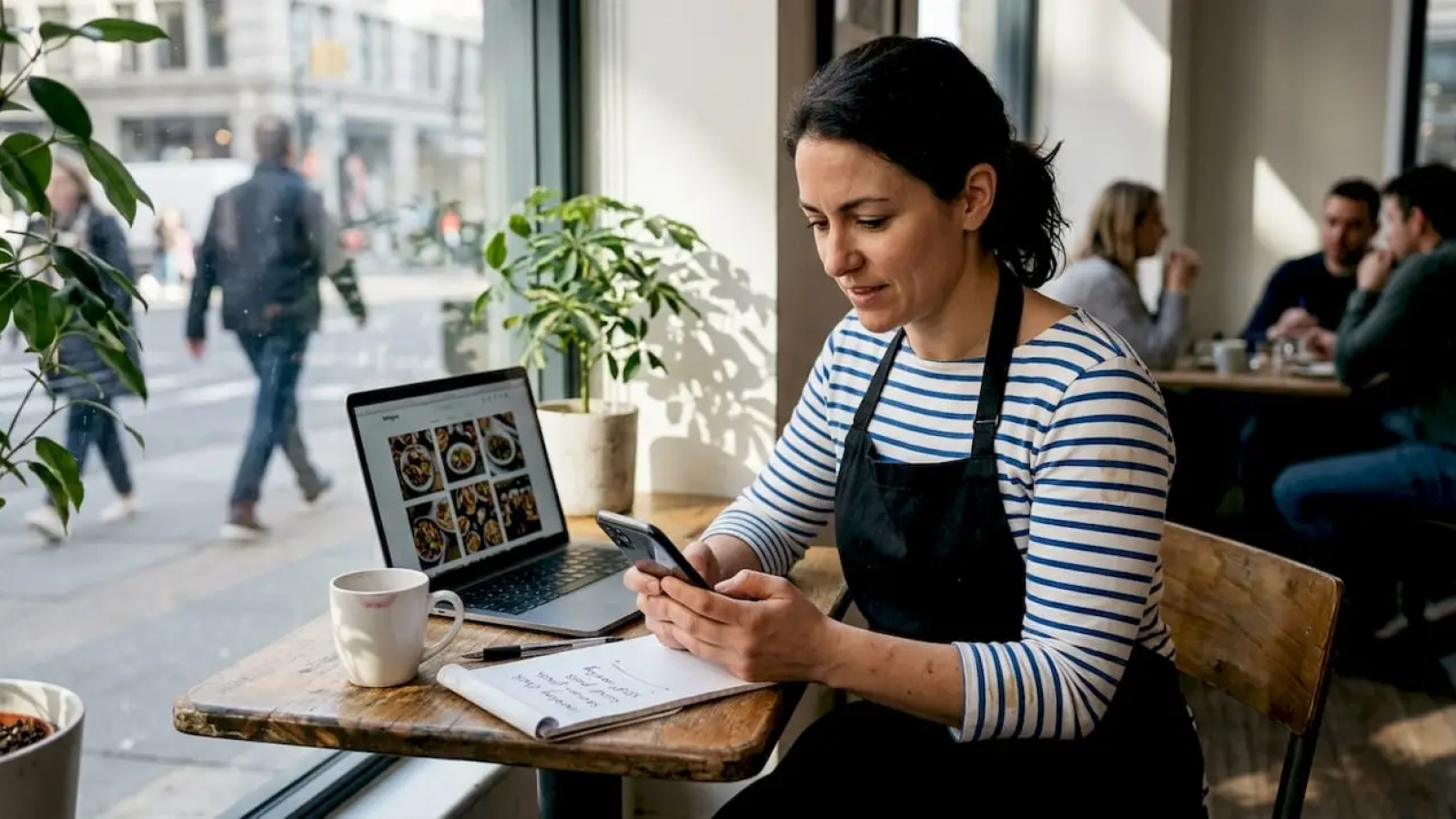 Restaurant manager reviewing social media analytics