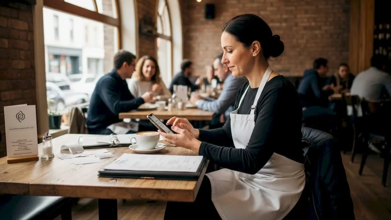 Restaurant manager checking social engagement