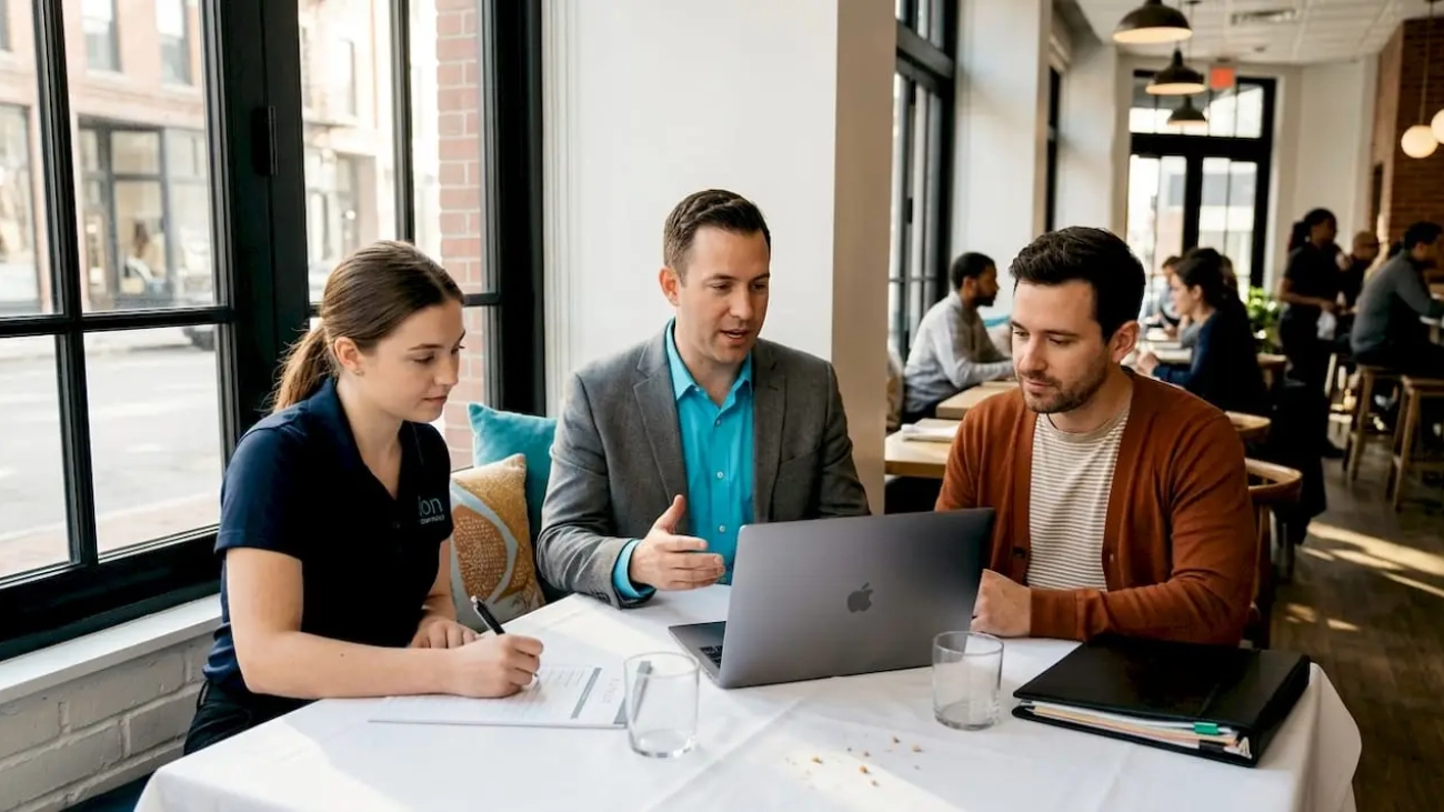 Team planning campaign in restaurant setting
