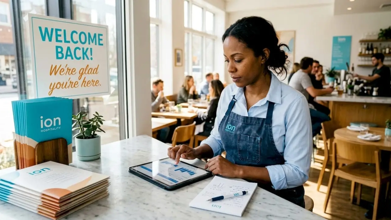 Restaurant manager reviewing marketing analytics