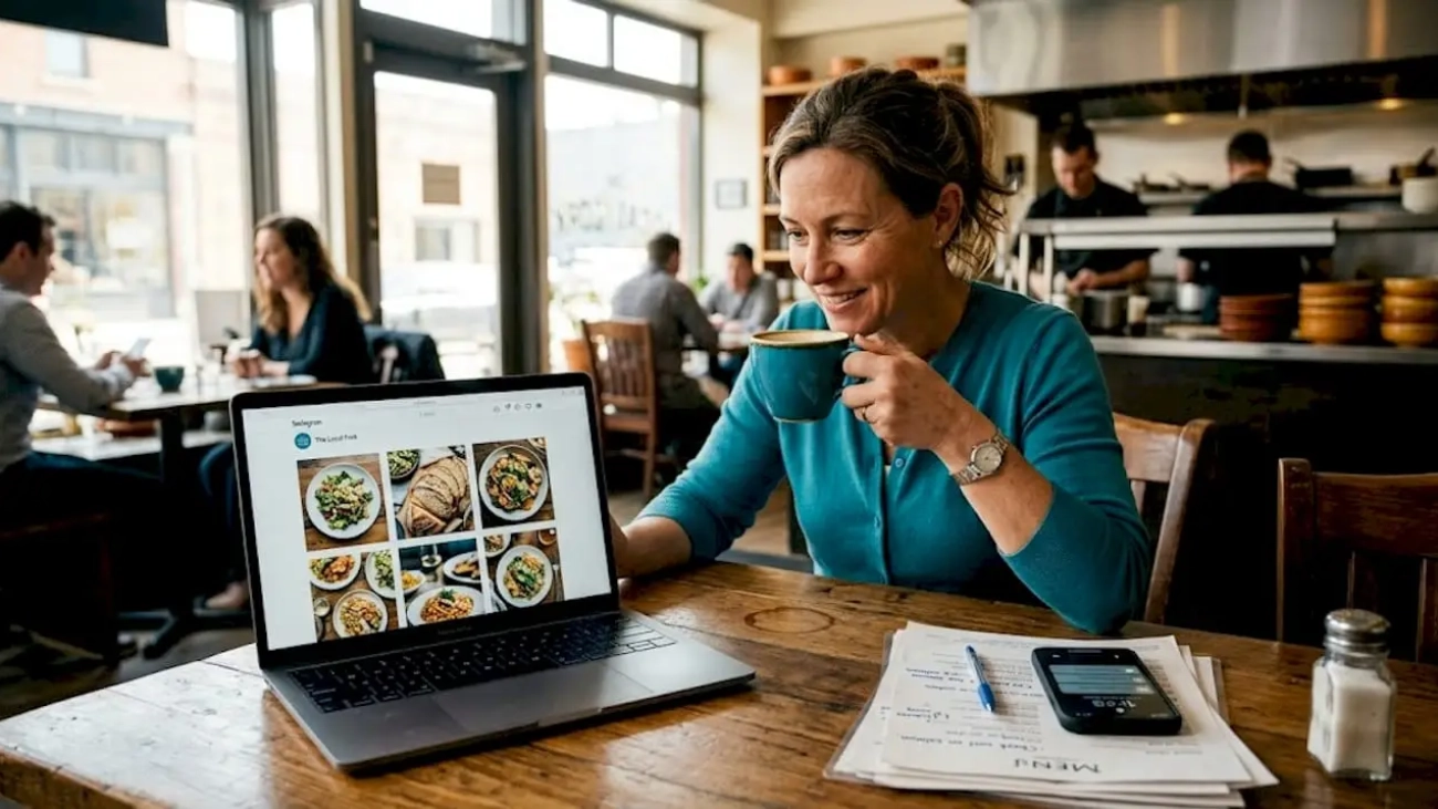 Restaurant owner reviewing social media feed