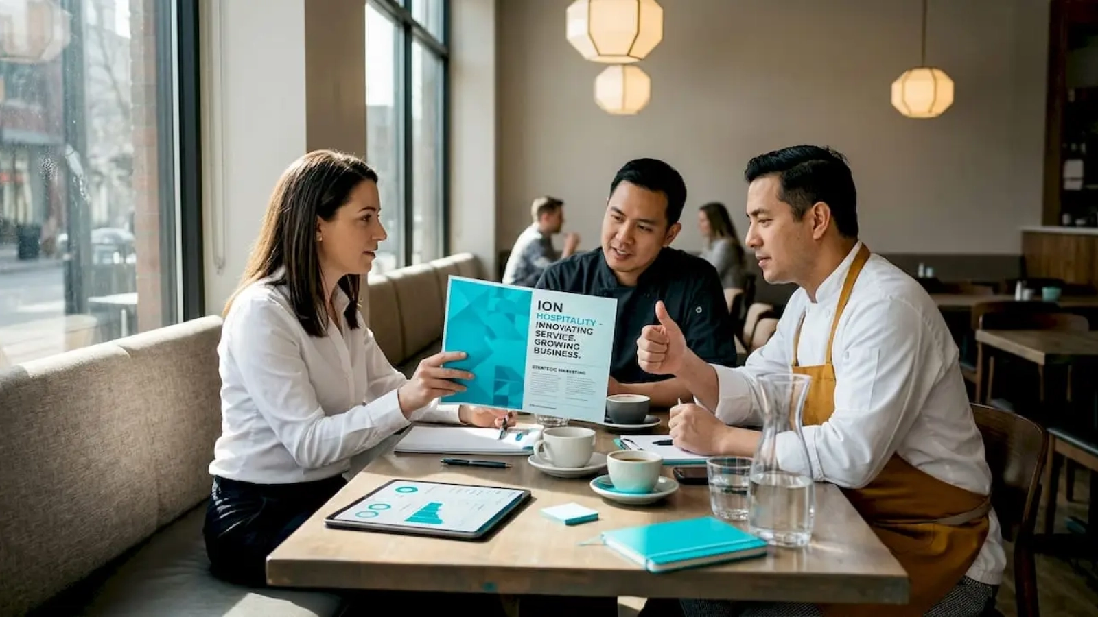 Restaurant manager and chefs reviewing ad