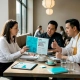 Restaurant manager and chefs reviewing ad
