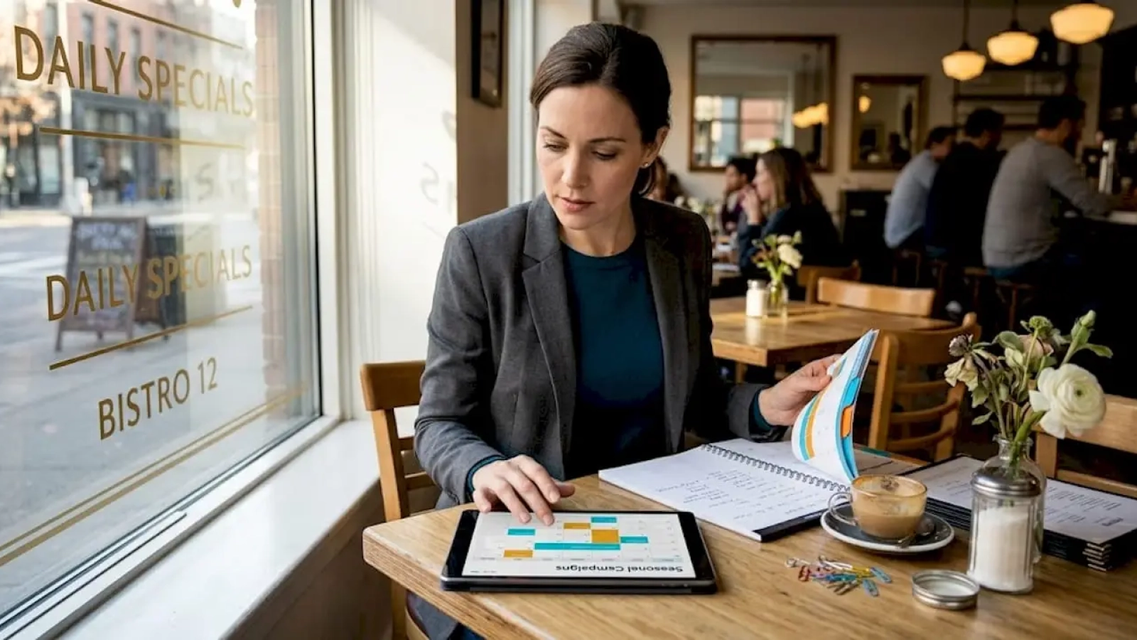 Restaurant manager reviewing seasonal marketing calendar